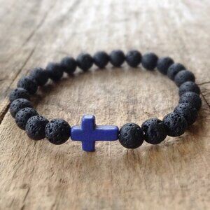 Cobalt Blue Cross Black Lava Stone Beaded Stretch Bracelet 10mm beads - 8 inches